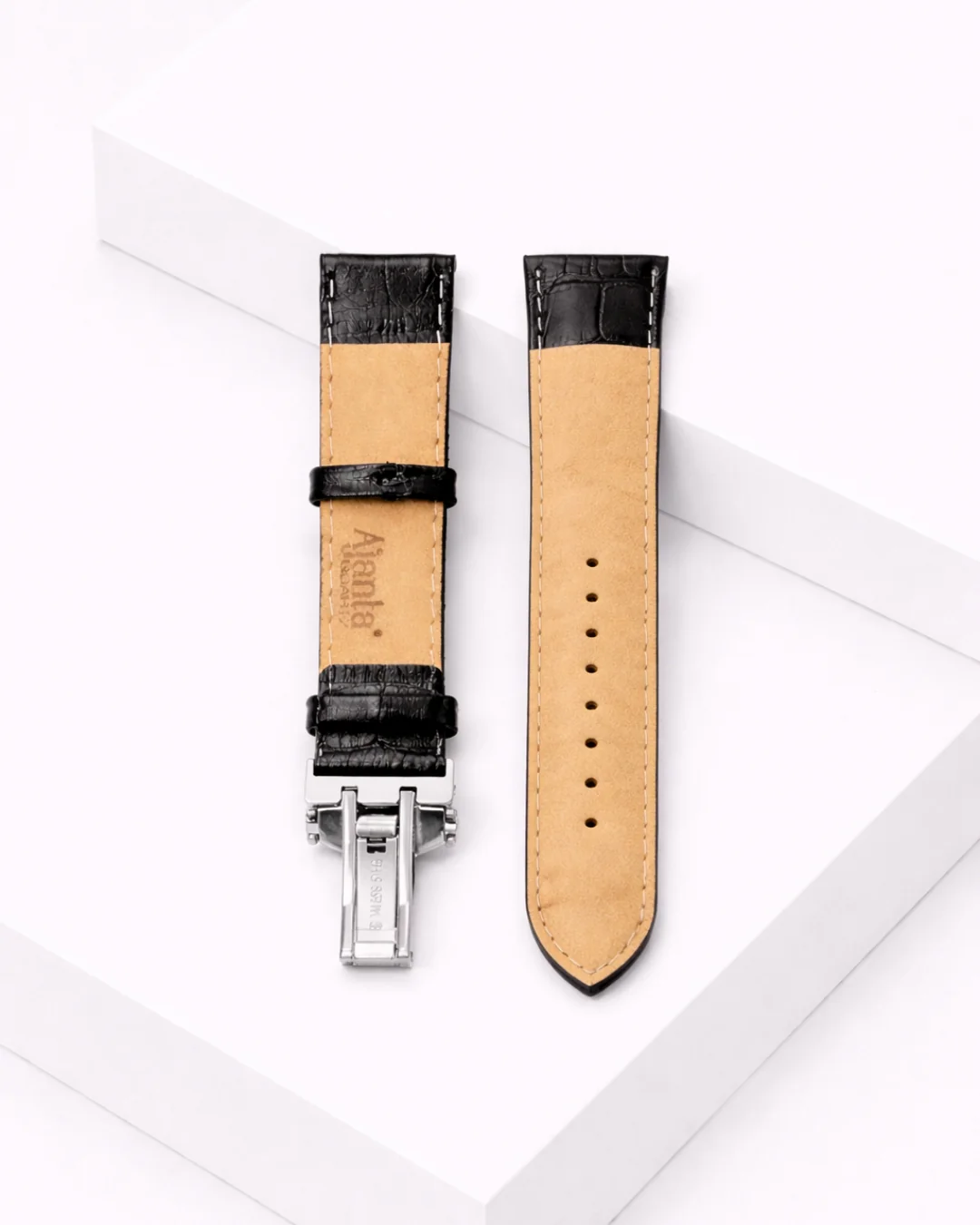 Ajanta Premium Black Leather Watch Strap with Silver Butterfly Buckle - Image 3
