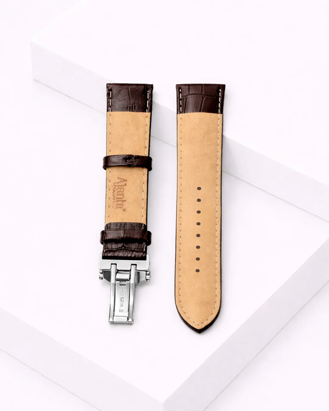 Ajanta Premium Brown Leather Watch Strap with Silver Butterfly Buckle - Image 3