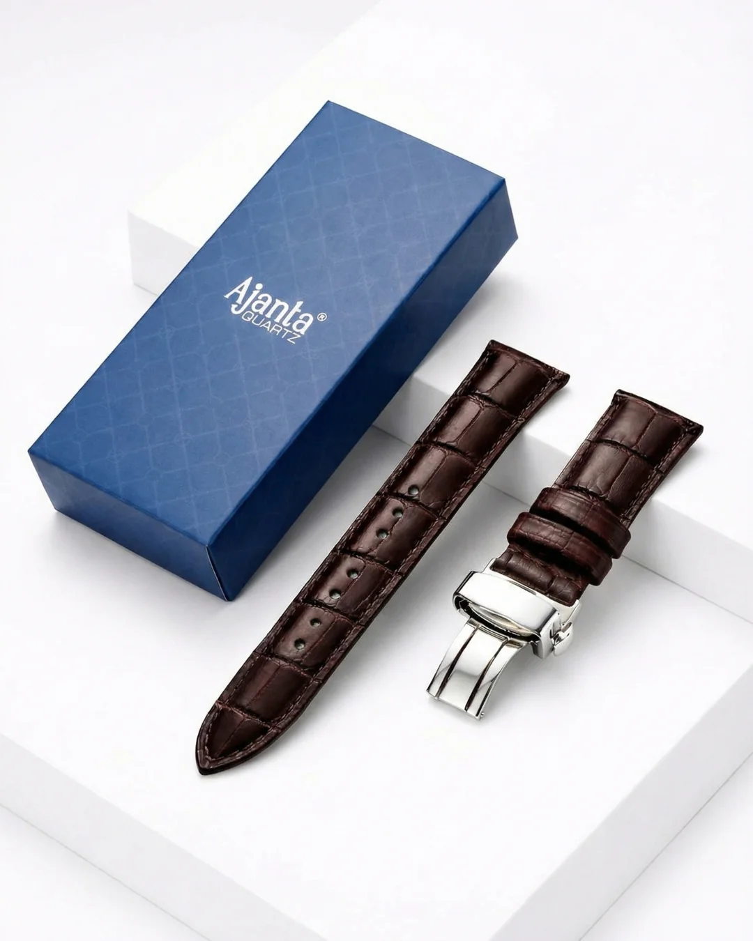 Ajanta Premium Brown Leather Watch Strap with Silver Butterfly Buckle - Image 4