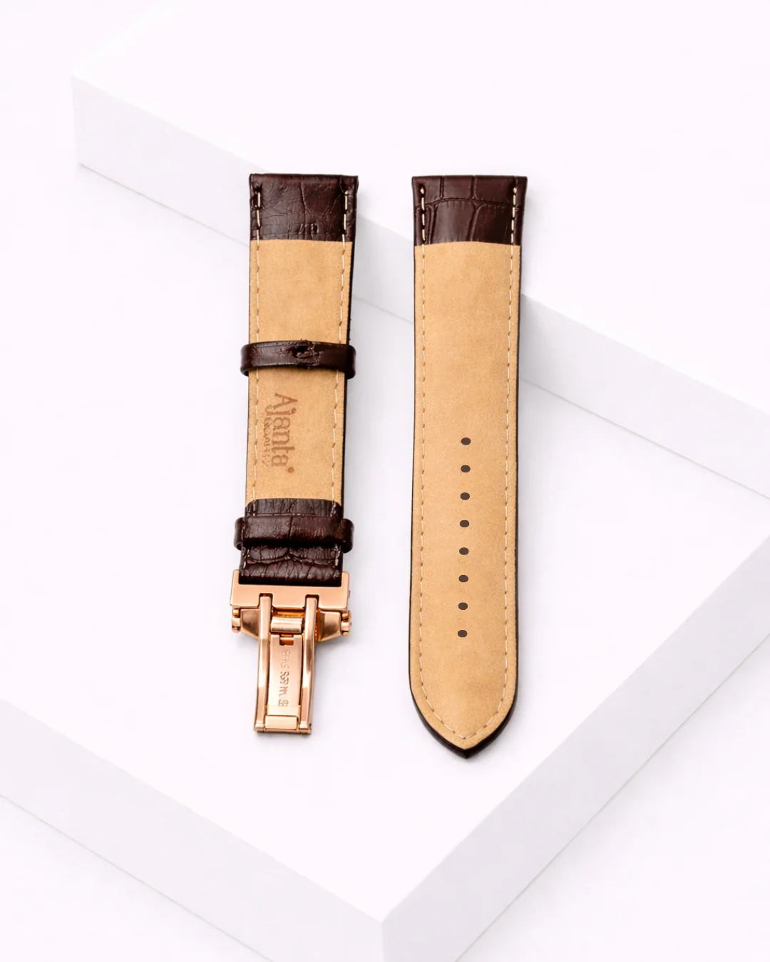Ajanta Premium Brown Leather Watch Strap with Rose Gold Butterfly Buckle - Image 3