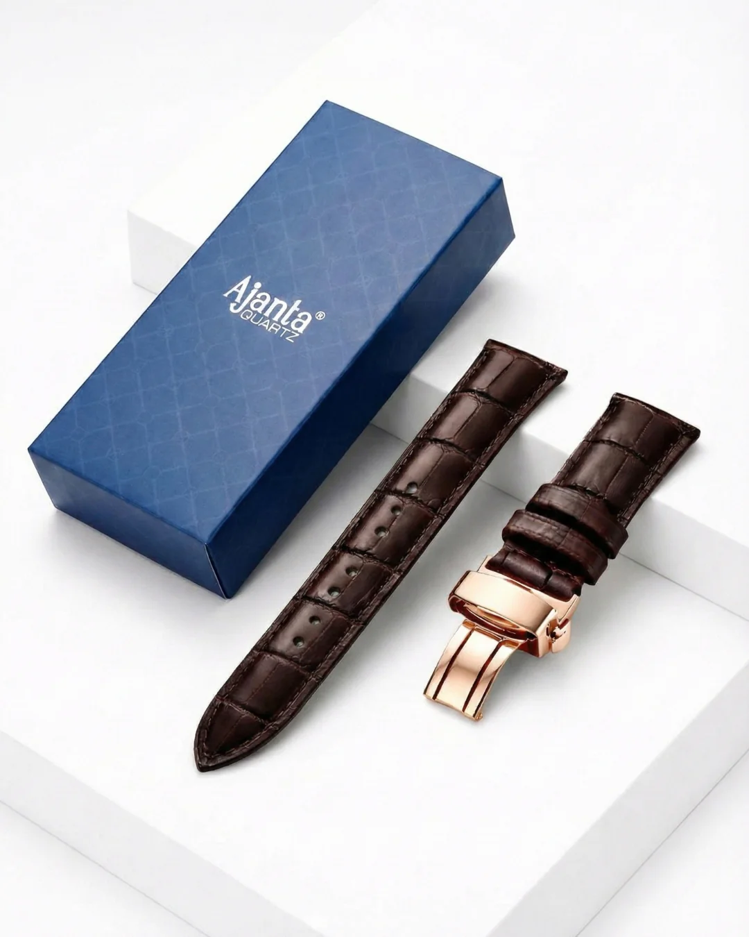 Ajanta Premium Brown Leather Watch Strap with Rose Gold Butterfly Buckle - Image 4