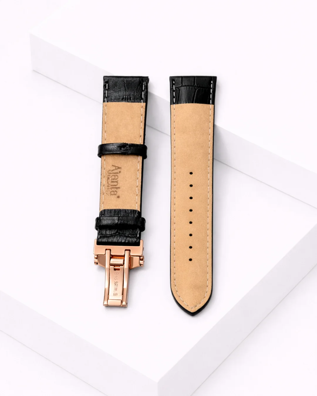 Ajanta Premium Black Leather Watch Strap with Rose Gold Butterfly Buckle - Image 3