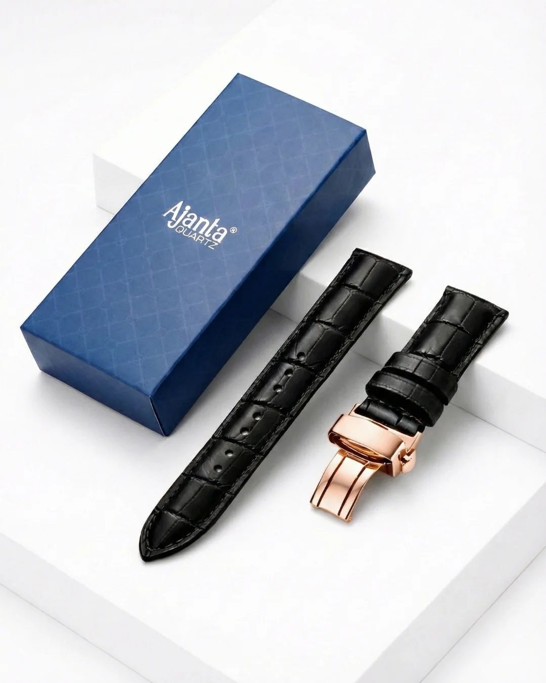 Ajanta Premium Black Leather Watch Strap with Rose Gold Butterfly Buckle - Image 4