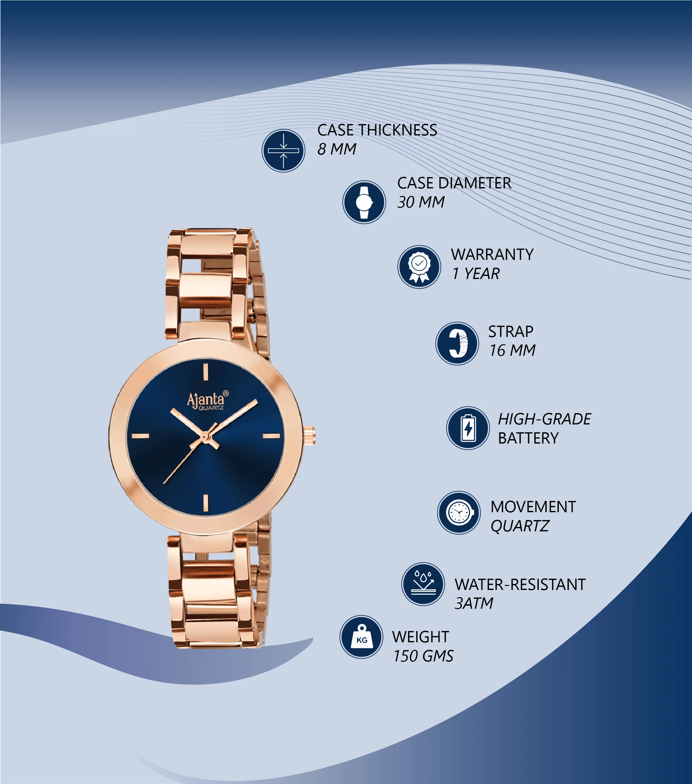 Stellar Blue Dial Rose Gold-Tone Stainless Steel Bracelet - Image 4