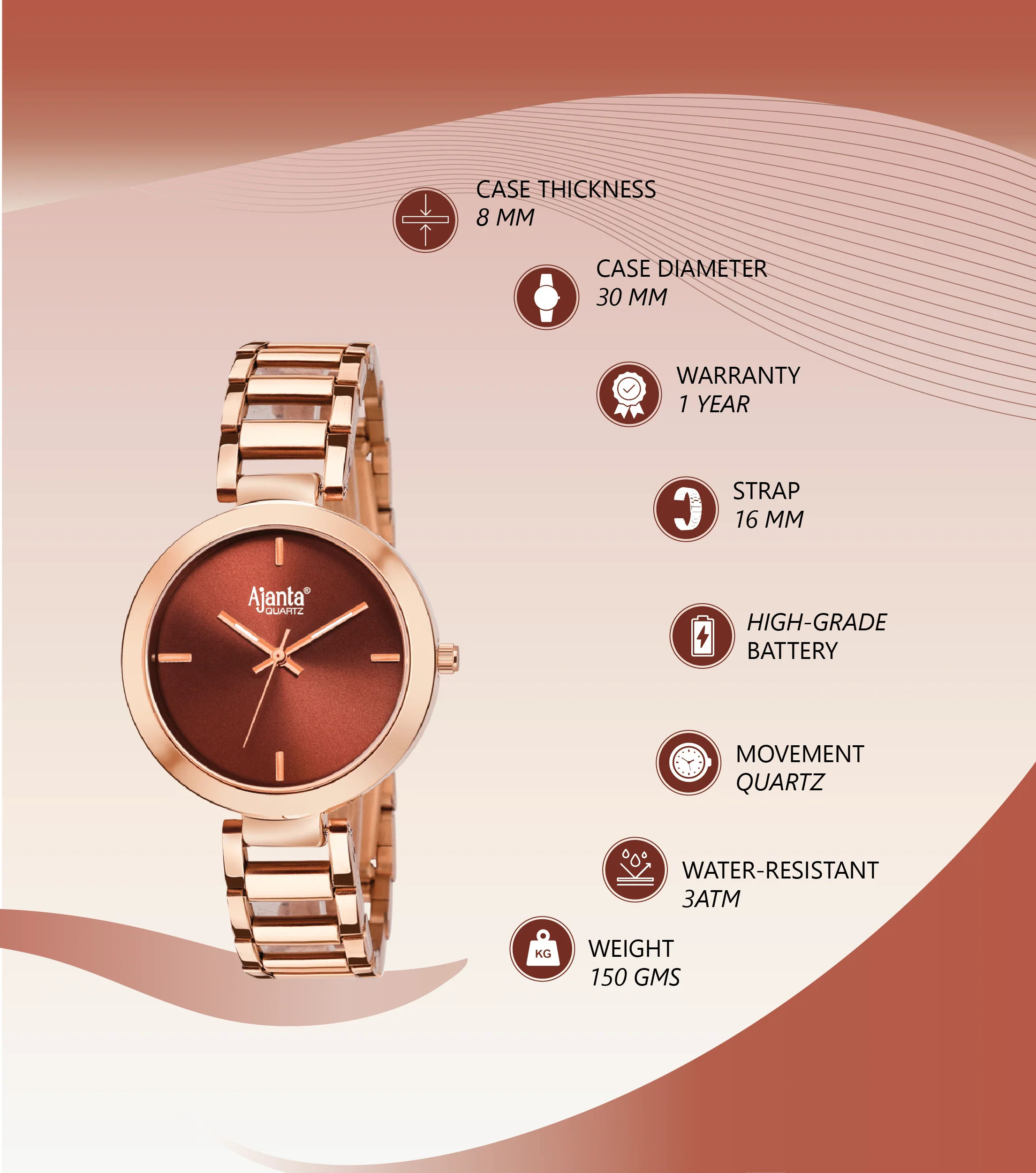 Stellar Brown Dial Rose Gold-Tone Stainless Steel Bracelet - Image 4