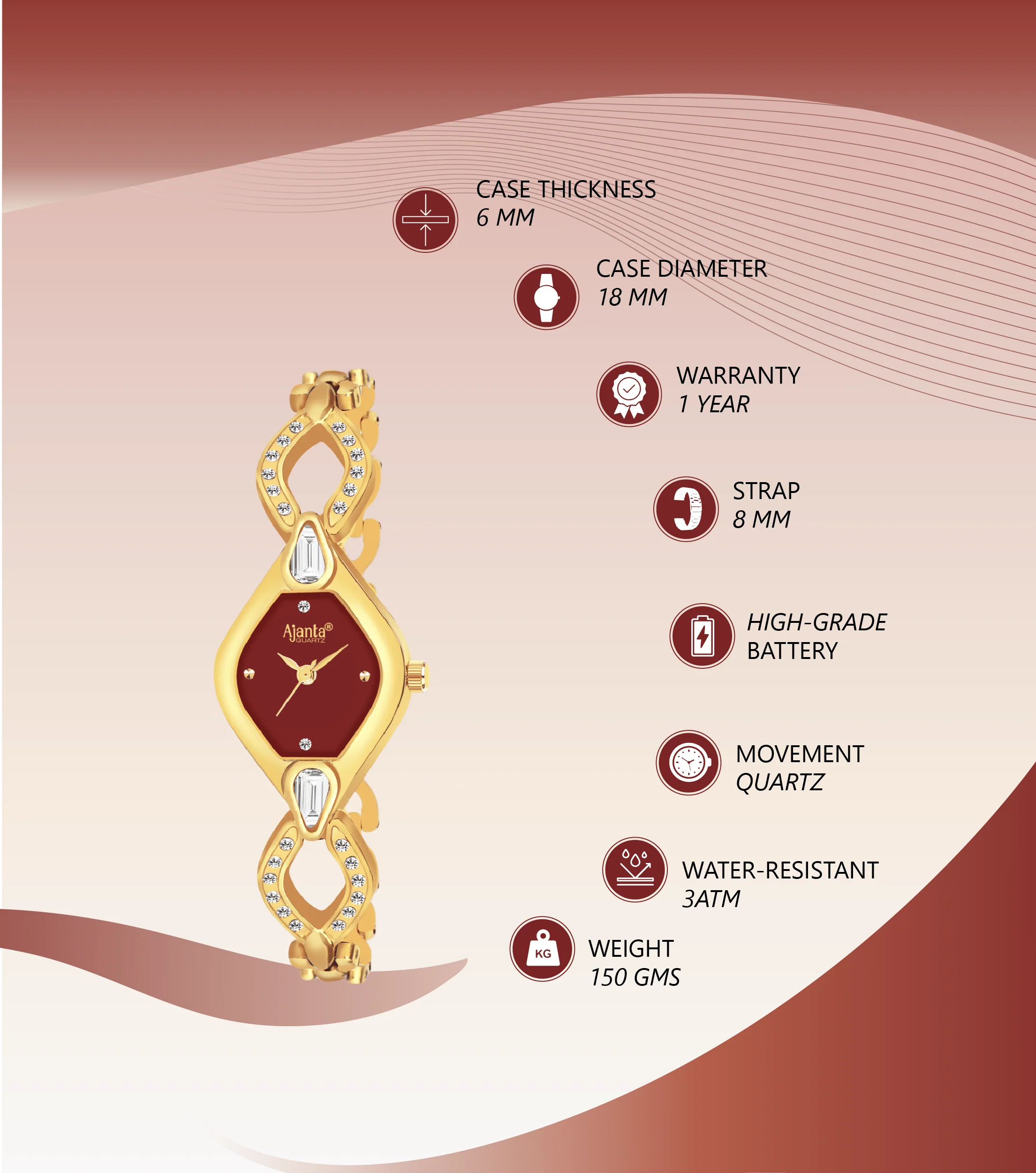Ammarra Maroon Dial Gold-Tone Bracelet - Image 4