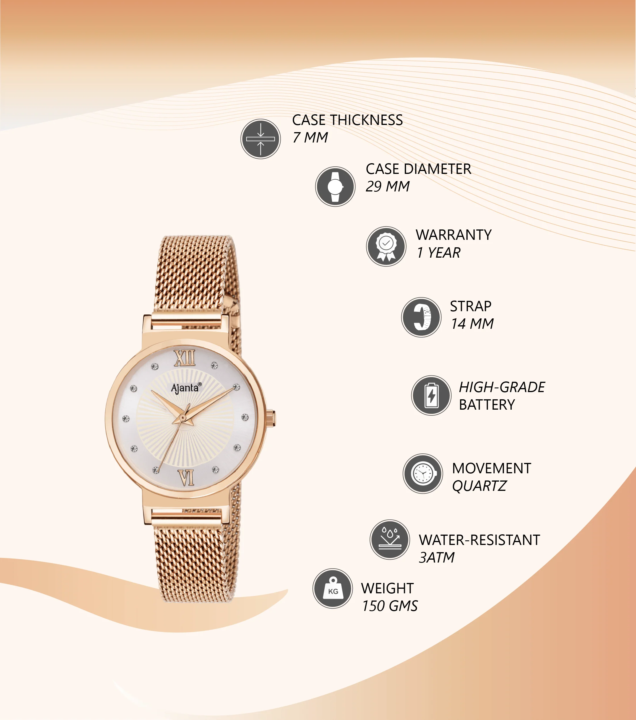Dazzora Silver Dial Rose Gold-Tone Mesh Bracelet - Image 4