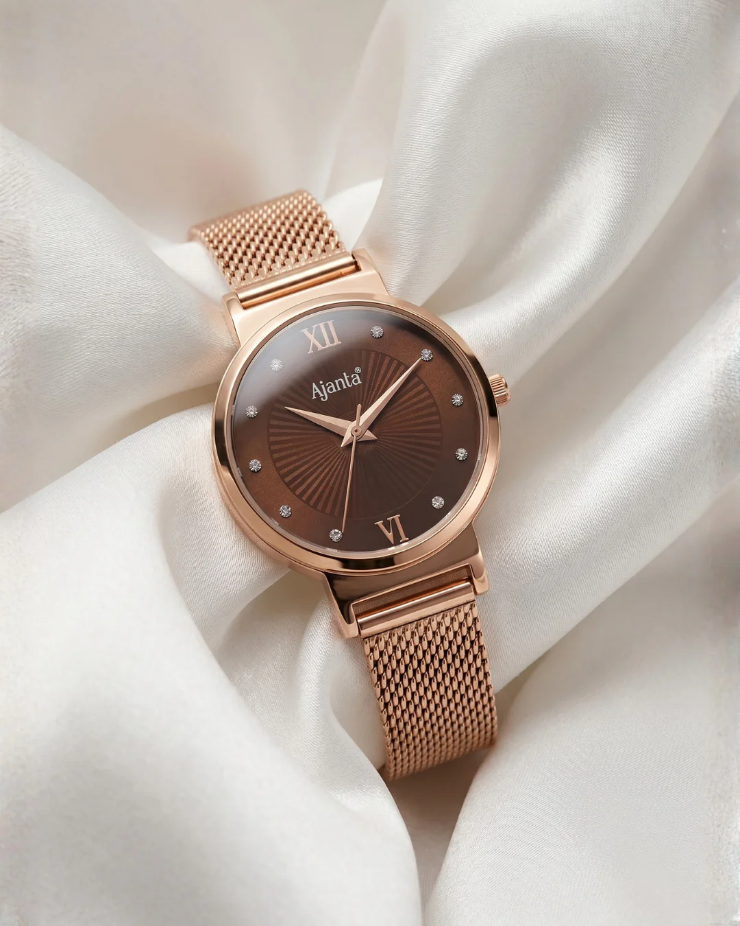 Dazzora Brown Dial Rose Gold-Tone Mesh Bracelet