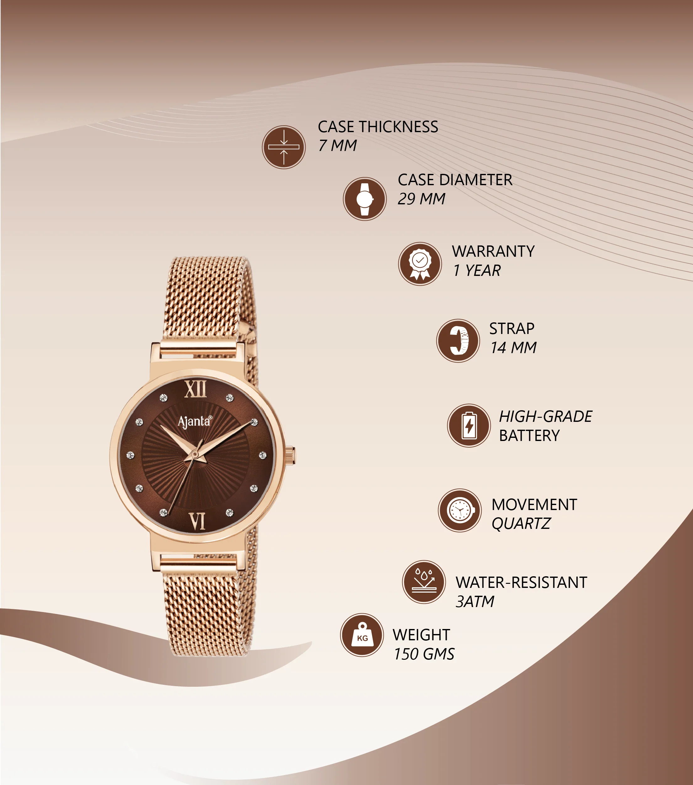 Dazzora Brown Dial Rose Gold-Tone Mesh Bracelet - Image 4