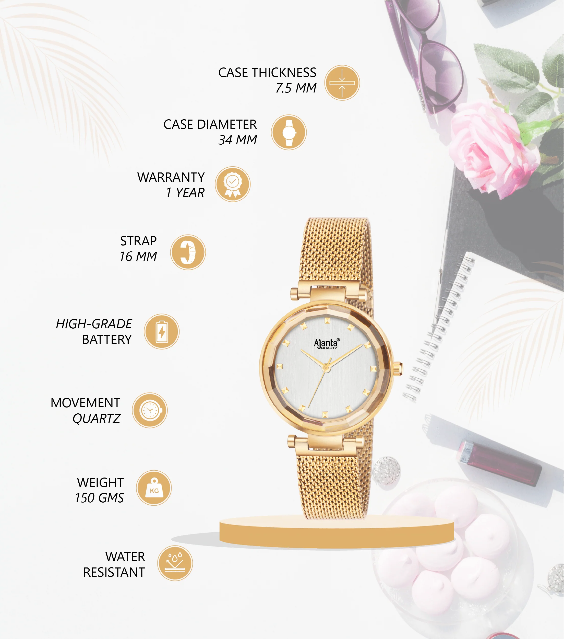 Flaire Silver Dial Gold-Tone Mesh Bracelet - Image 4