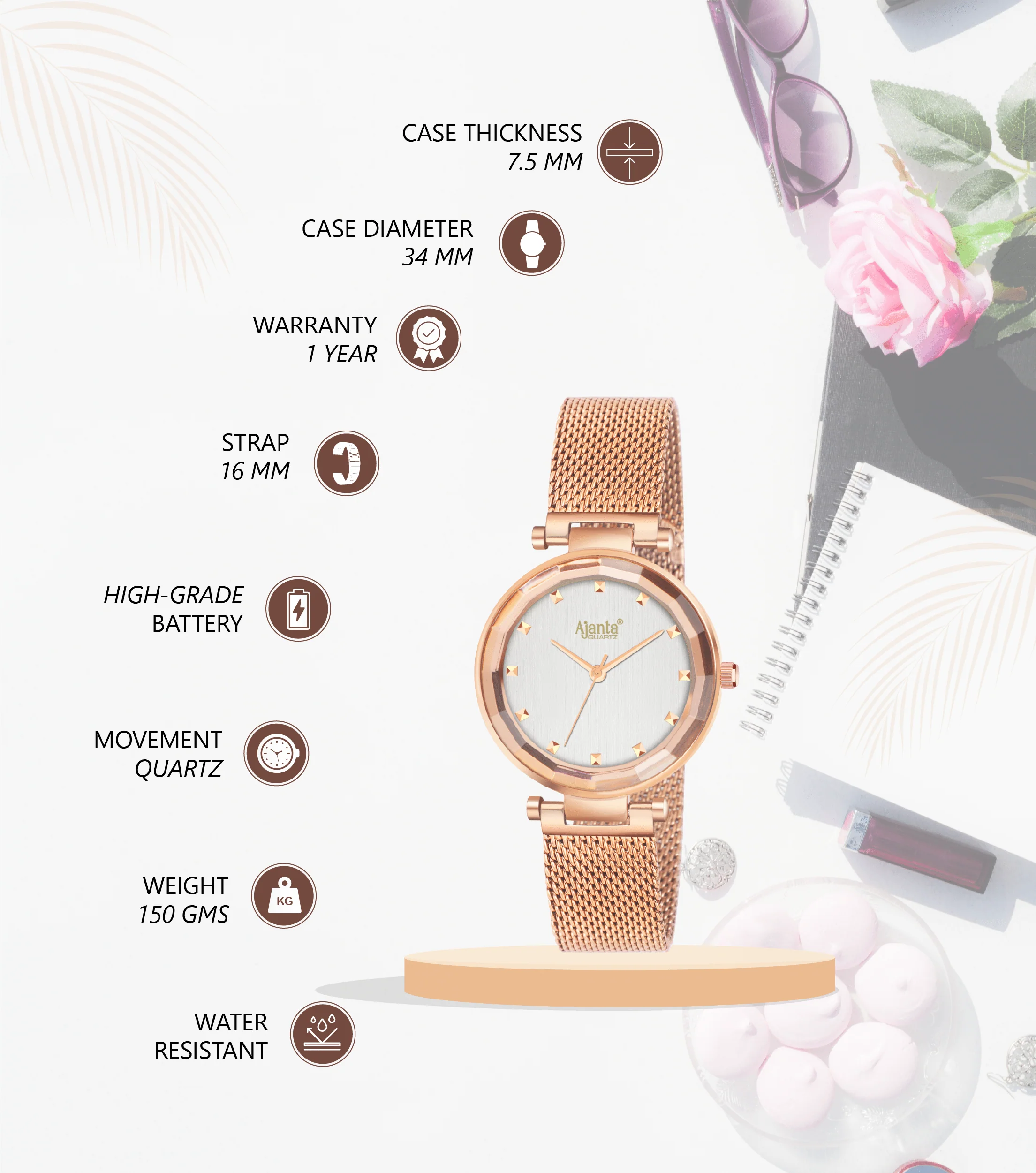 Flaire Silver Dial Rose Gold-Tone Mesh Bracelet - Image 4