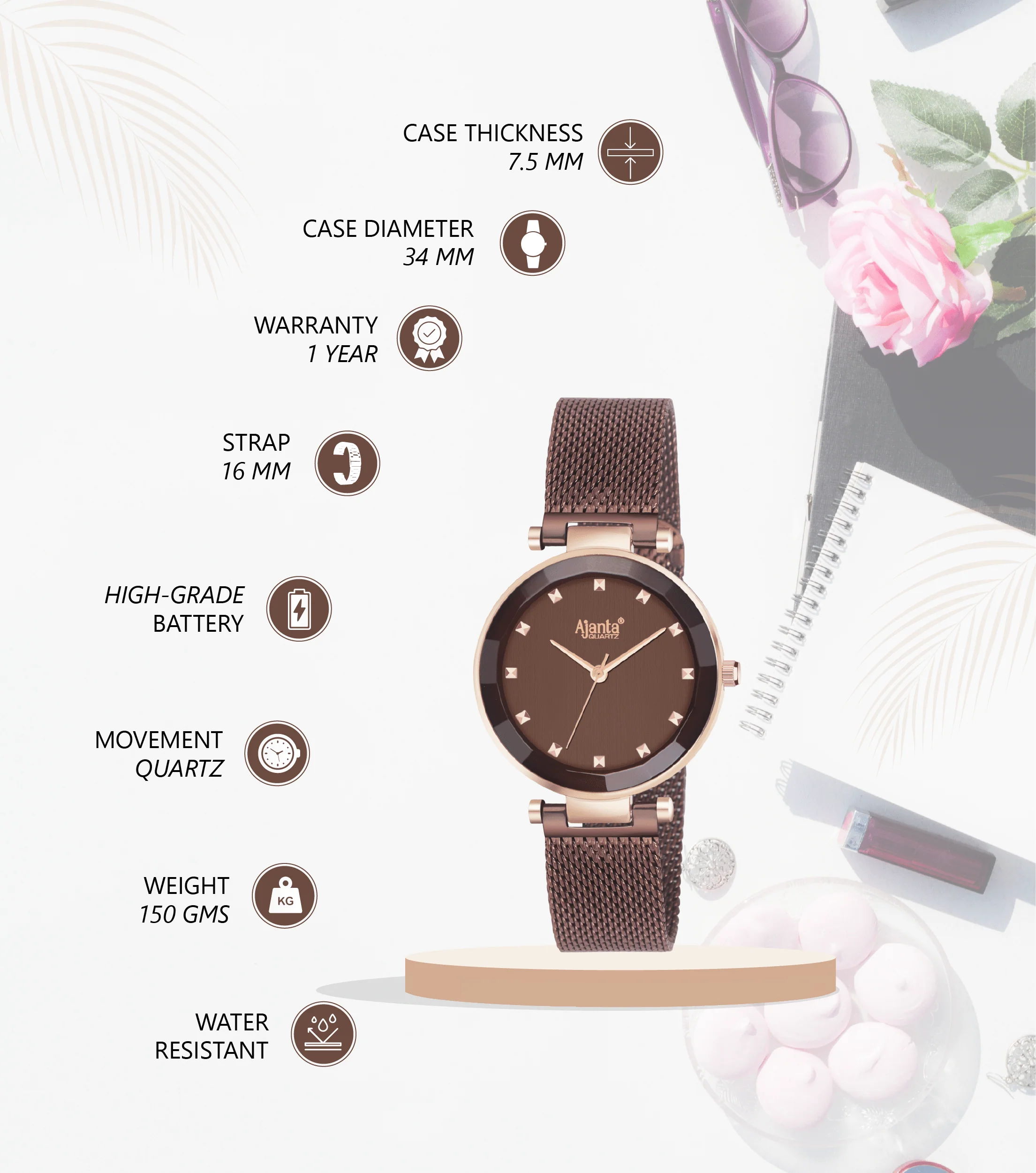 Flaire Brown Dial Rose Gold-Tone Case Brown Strap - Image 4