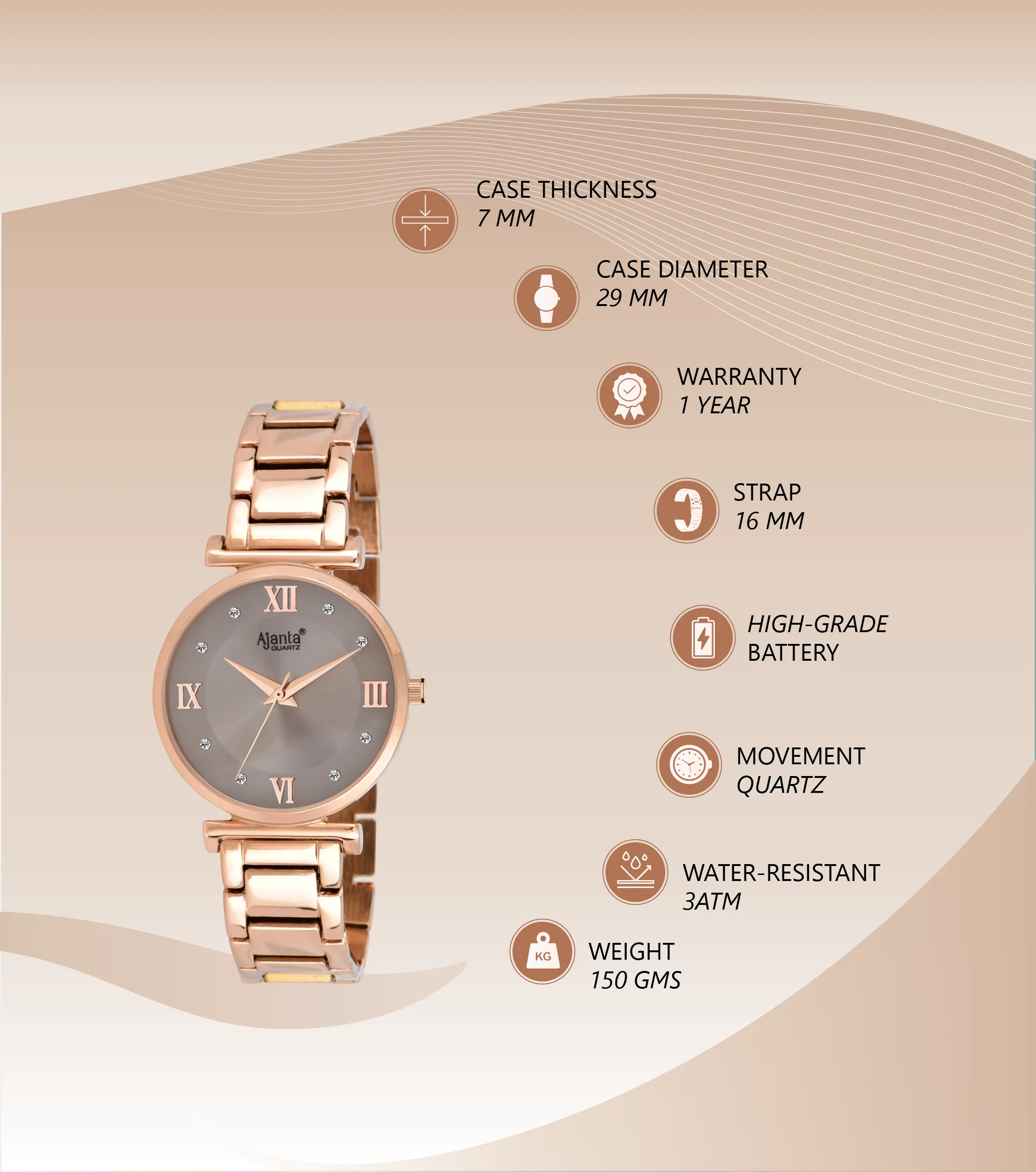 Lushora Grey Dial Rose Gold-Tone Bracelet - Image 3