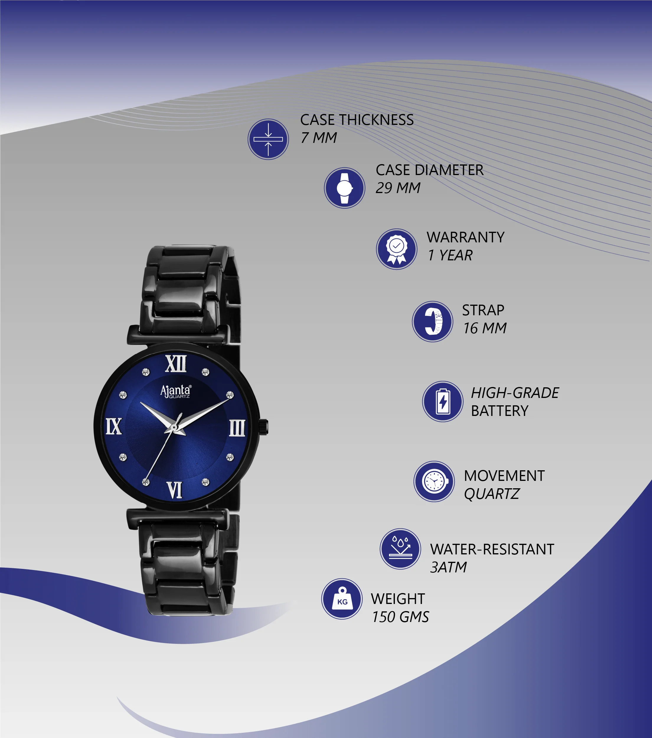 Lushora Blue Dial Black-Tone Bracelet - Image 4