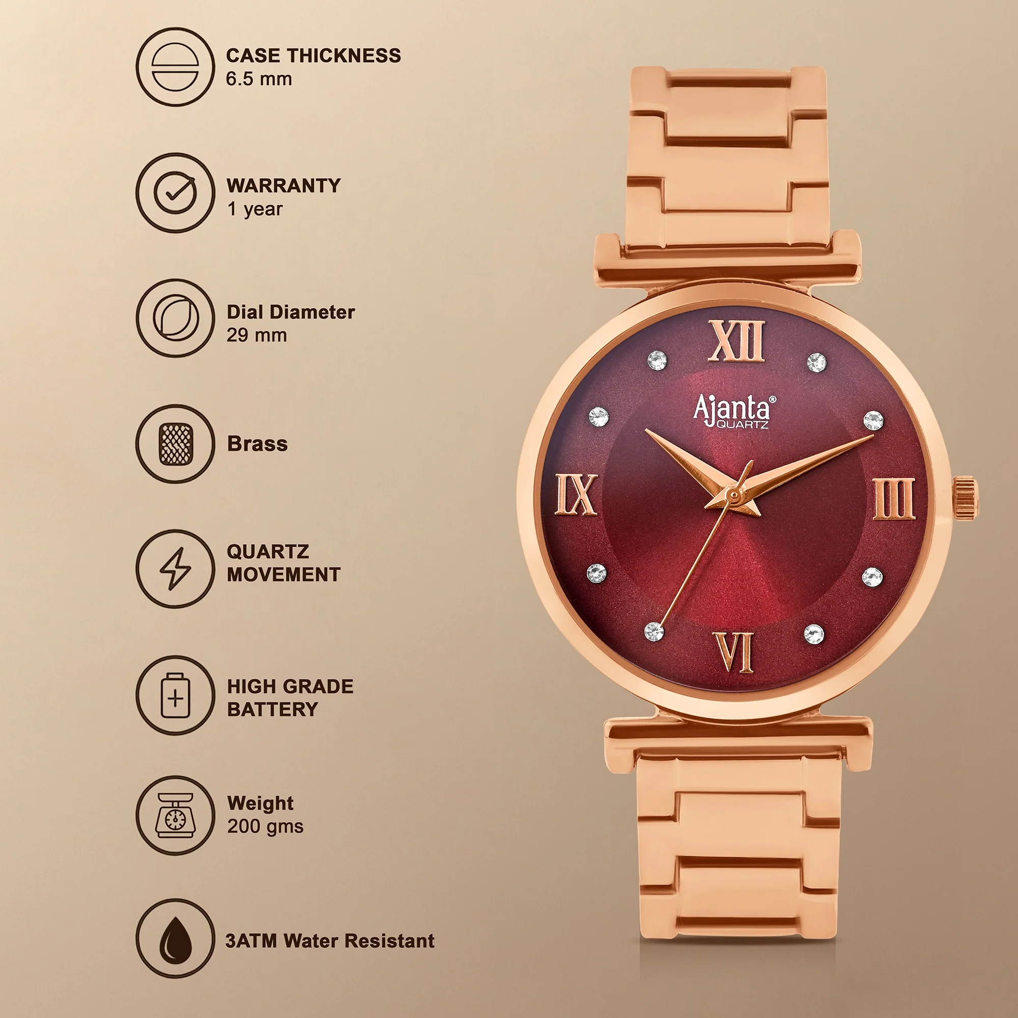 Lushora Maroon Dial Rose Gold-Tone Bracelet - Image 6