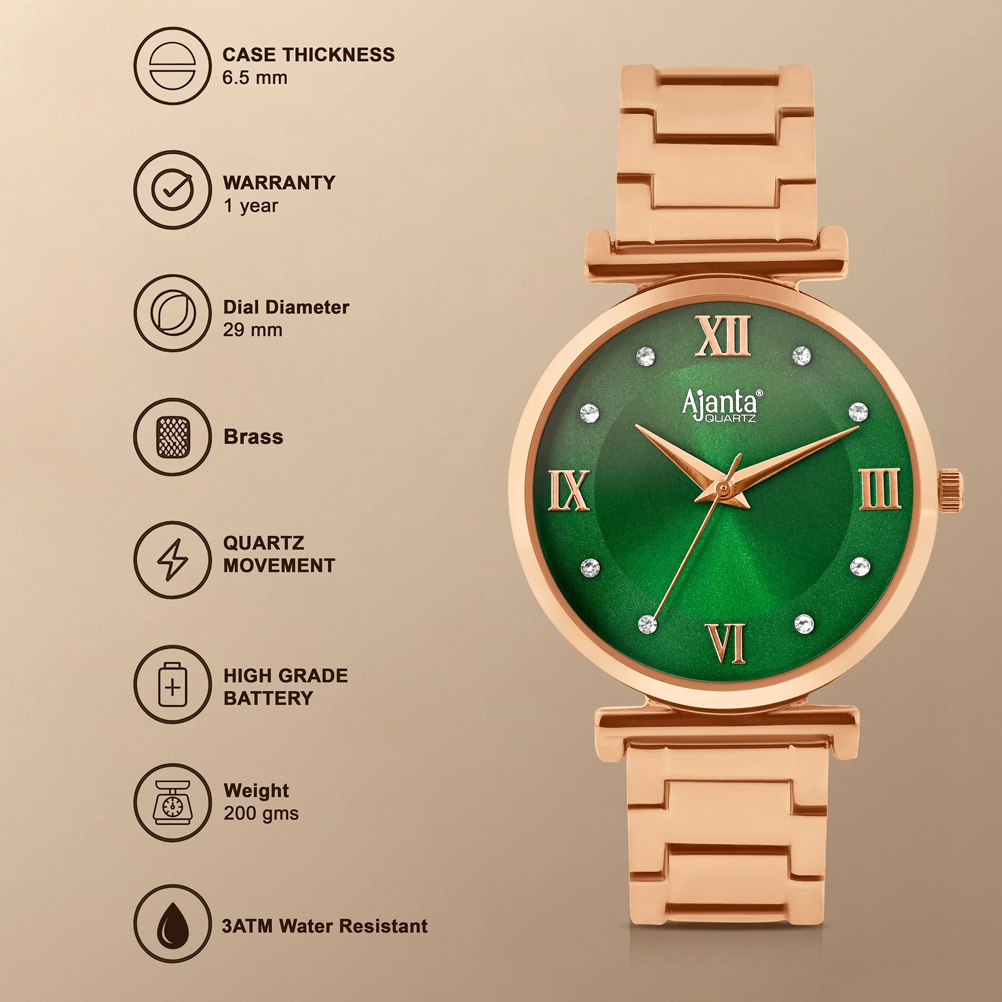 Lushora Green Dial Rose Gold-Tone Bracelet - Image 4