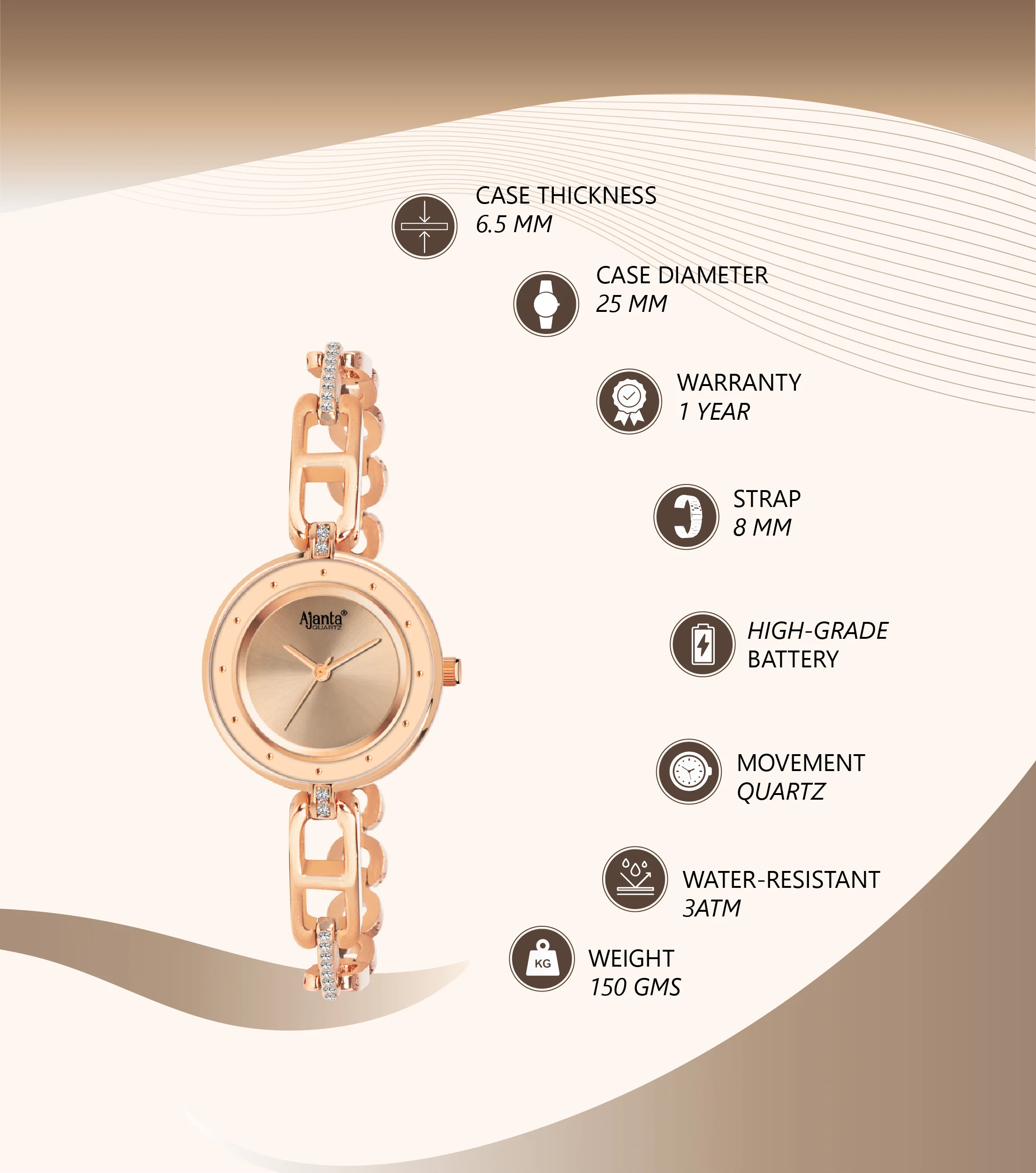 Florisse Rose Gold Dial Rose Gold-Tone Bracelet Watch - Image 3