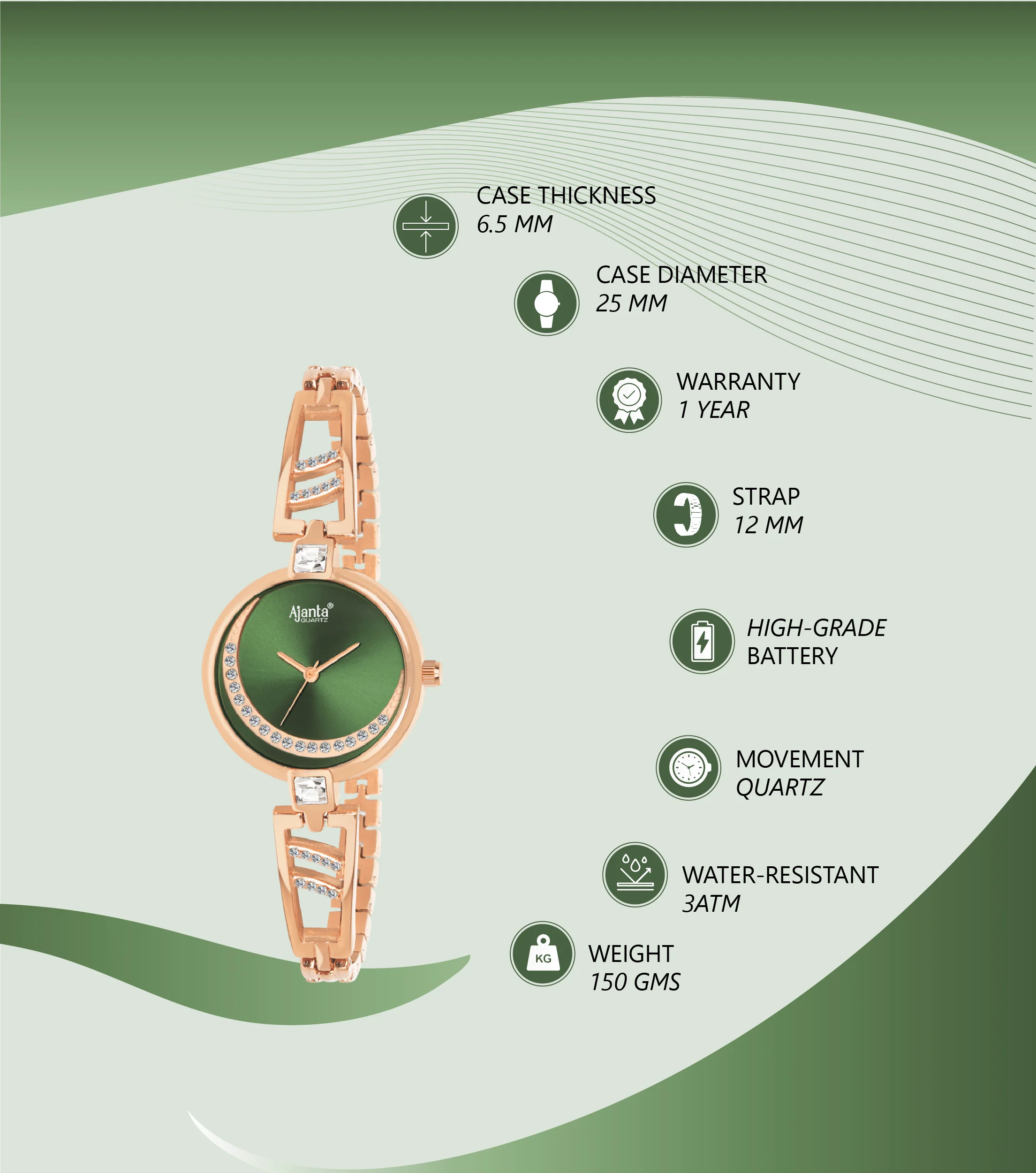 Celestia Green Dial Rose Gold-Tone Bracelet - Image 3