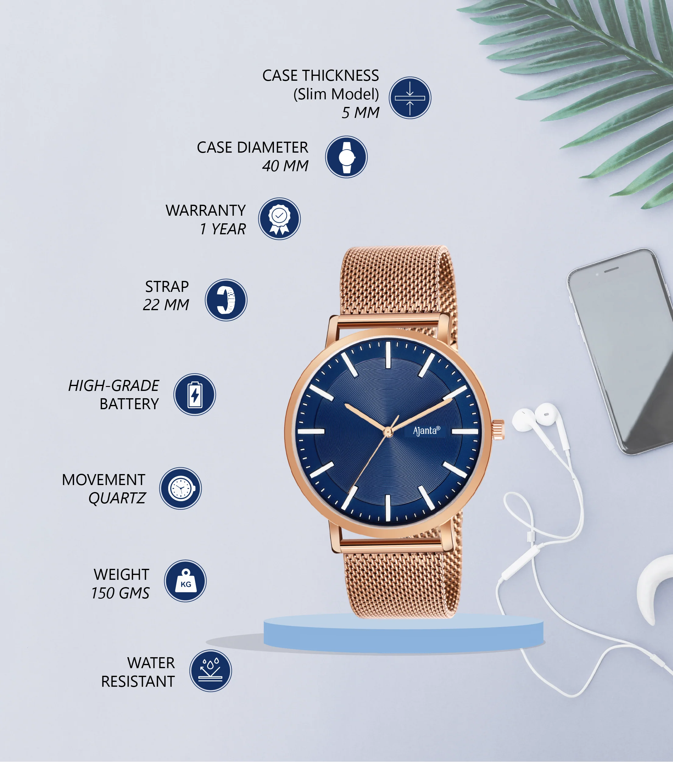 Veyron Blue Dial Rose Gold-Tone Mesh Strap - Image 3