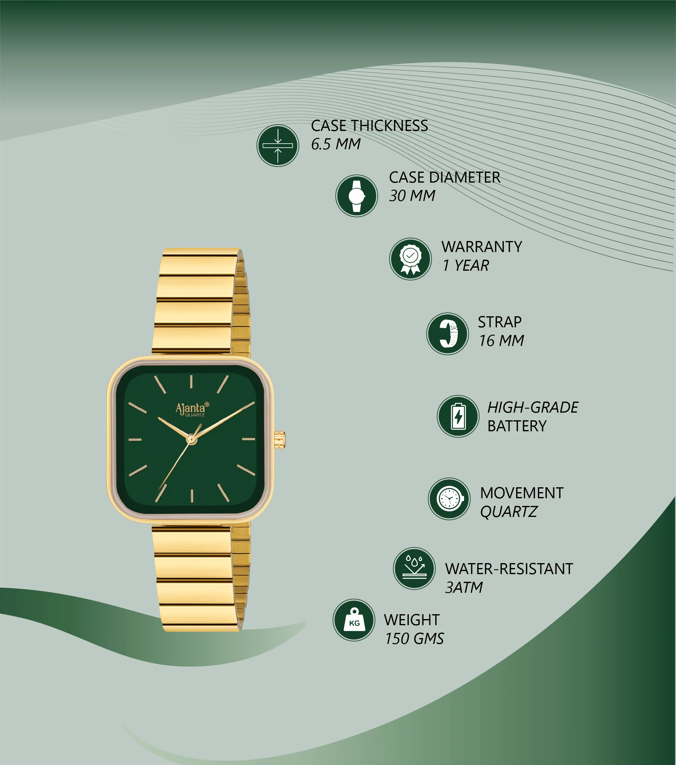 Sorelle Green Dial Gold-Tone Square Bracelet - Image 4