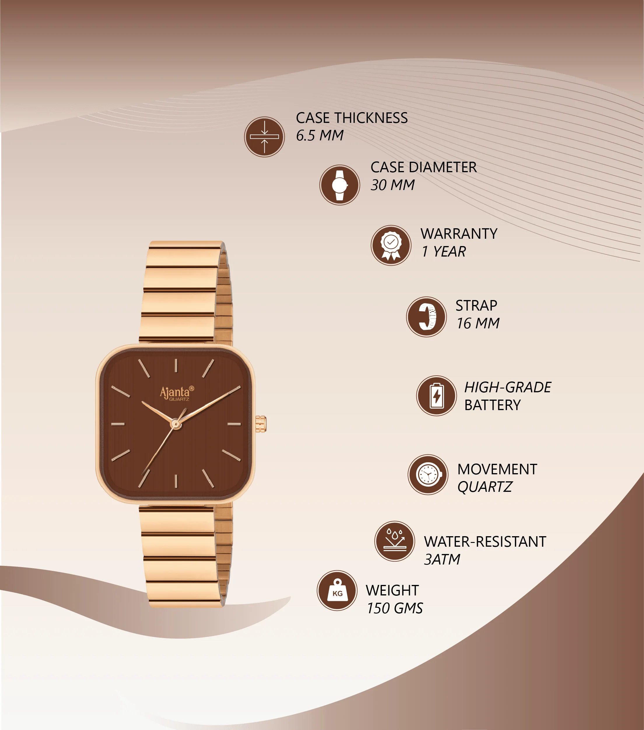 Sorelle Brown Dial Rose Gold-Tone Square Bracelet - Image 5