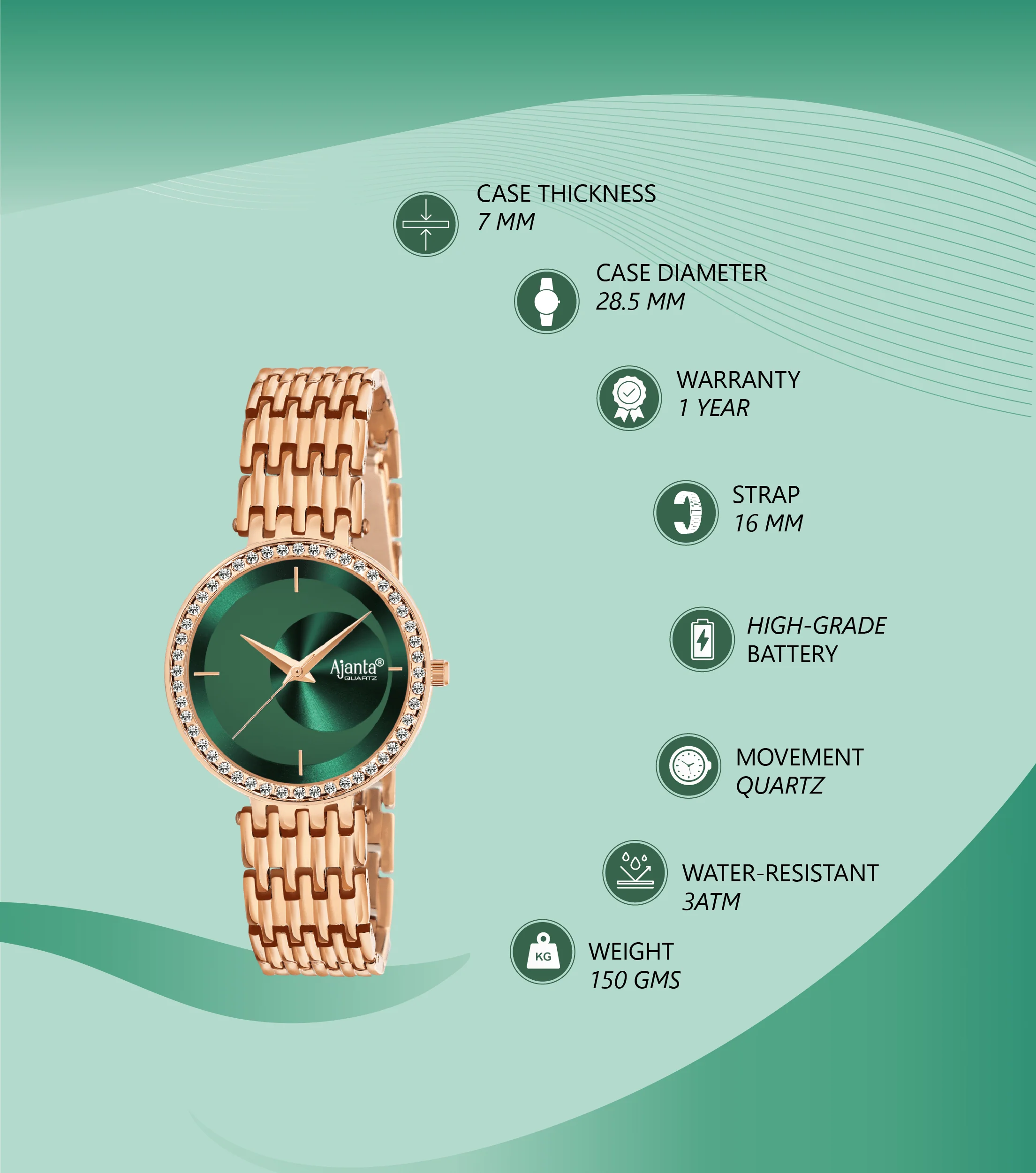 Amoura Green Dial Rose Gold-Tone Elegant Bracelet Watch - Image 4
