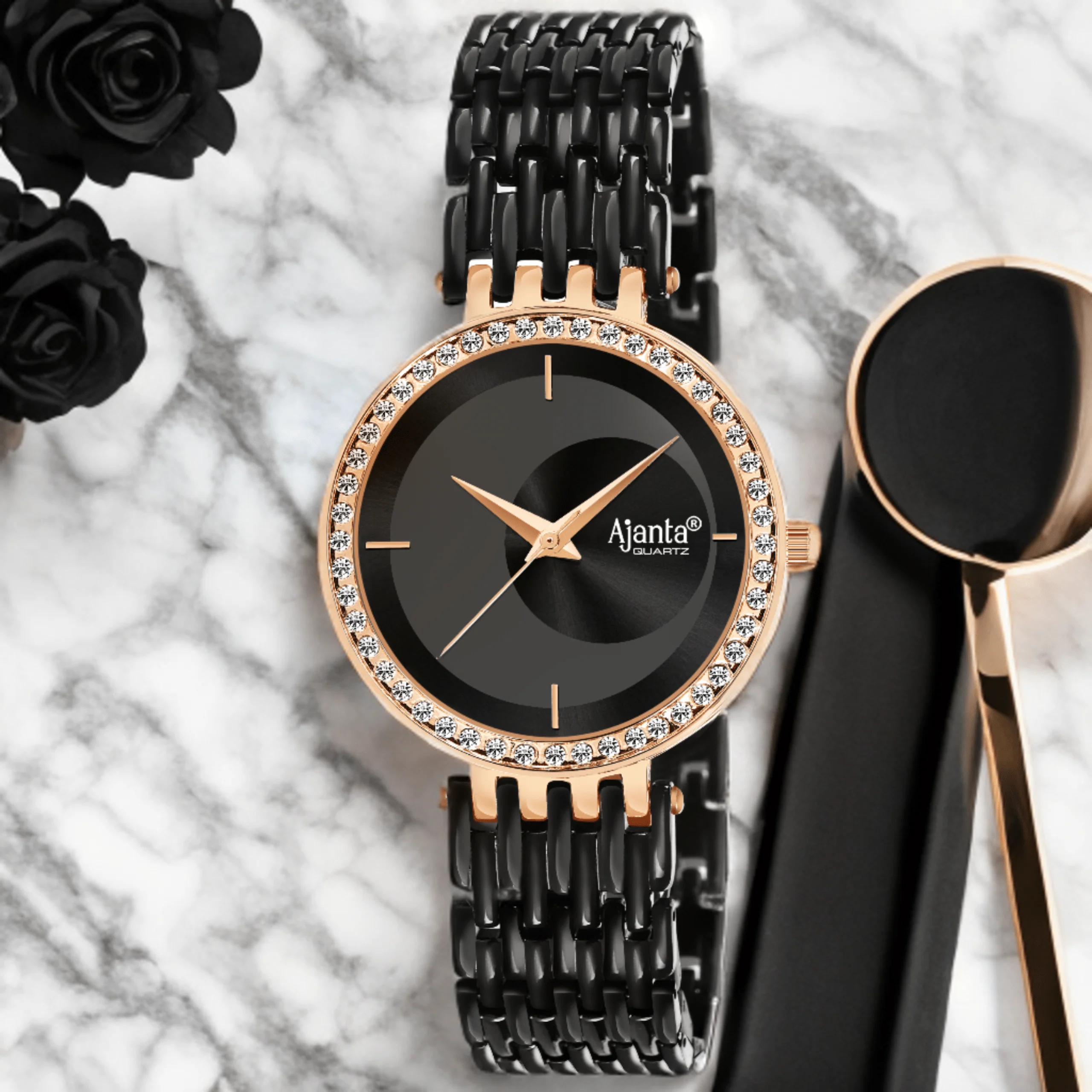 Amoura Black Dial Rose Gold-Tone Case Black Strap - Image 3