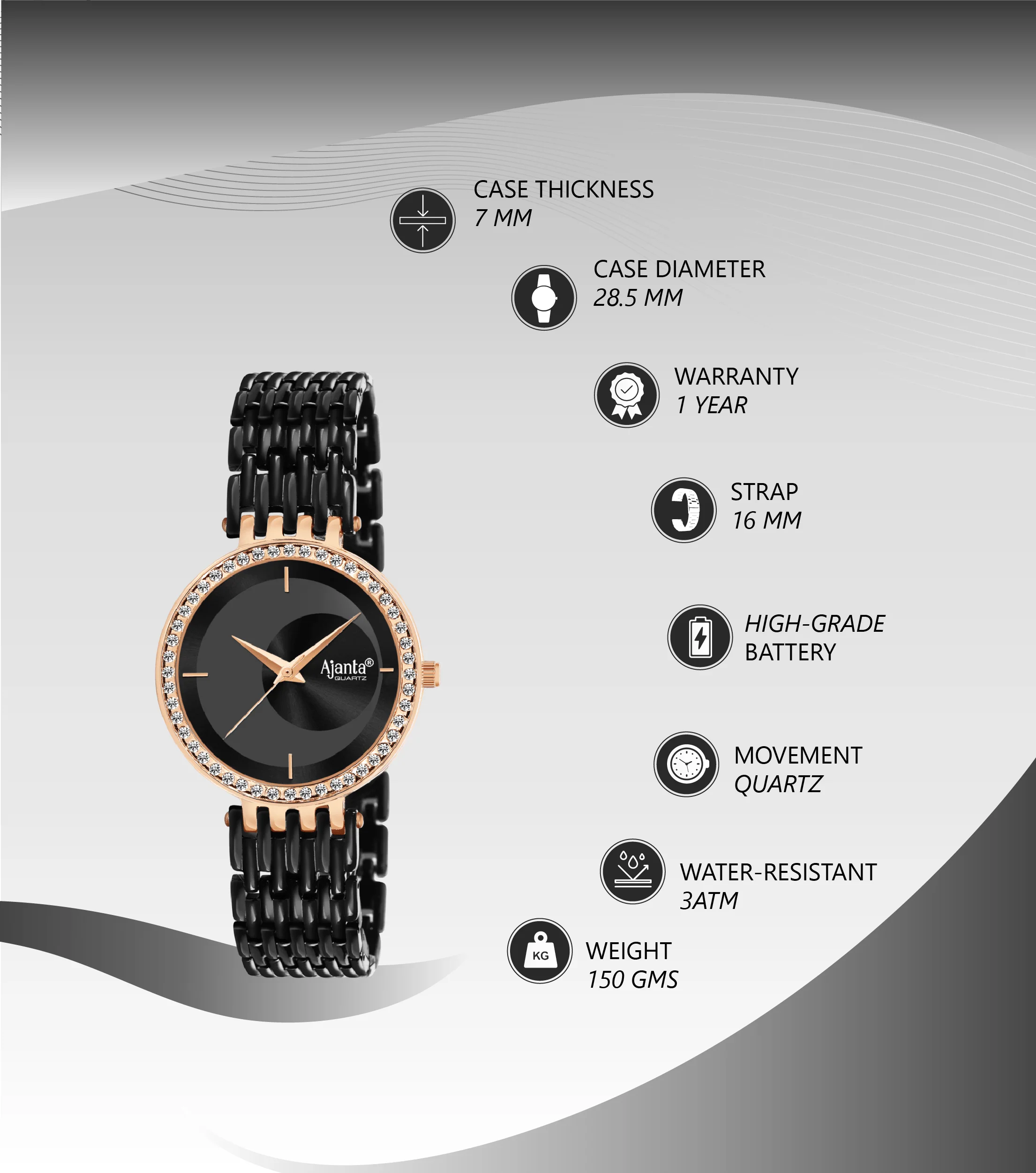 Amoura Black Dial Rose Gold-Tone Case Black Strap - Image 5