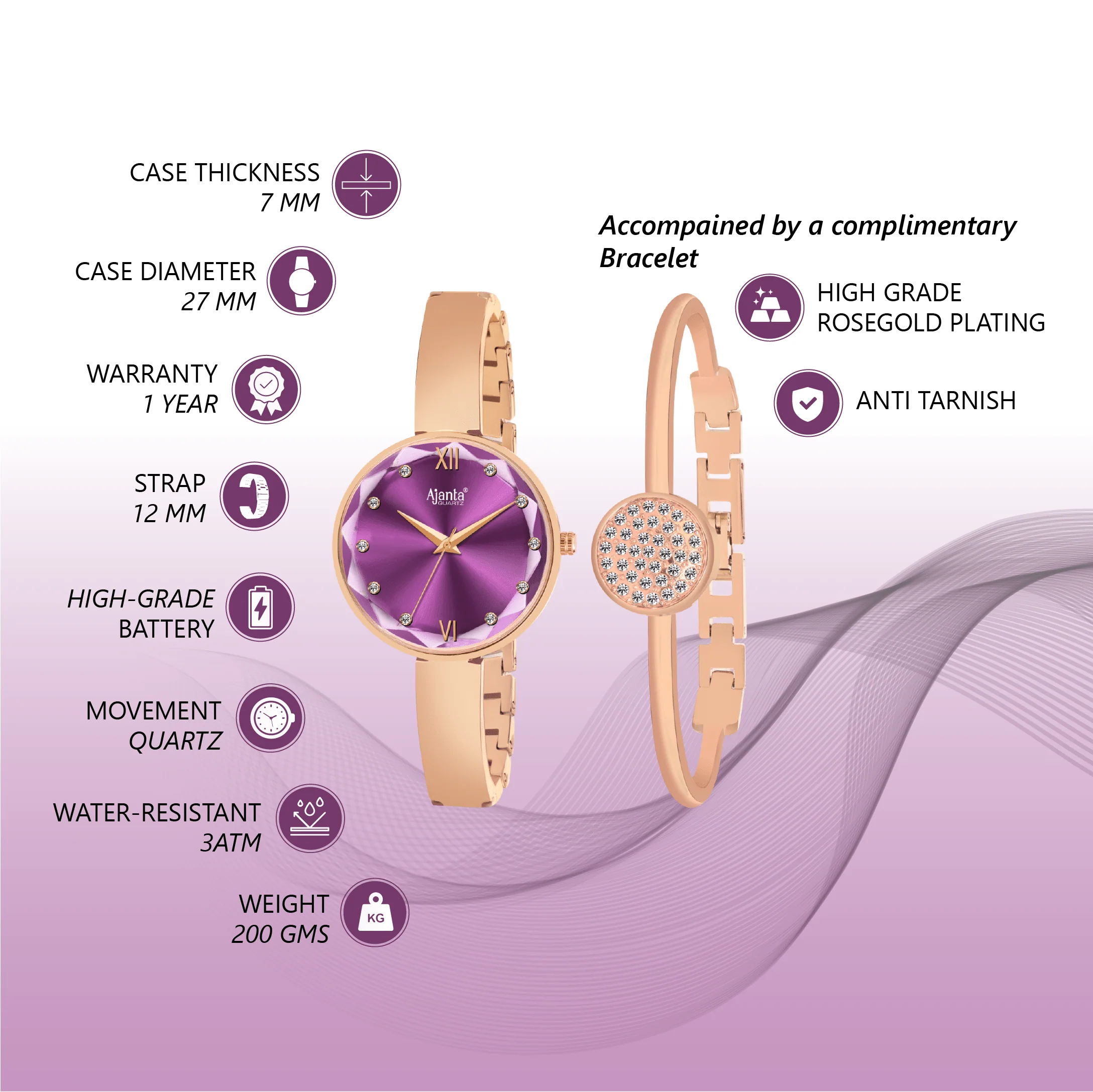 Veloura Purple Dial Rose Gold-Tone Watch & Bracelet Set for Women - Image 4