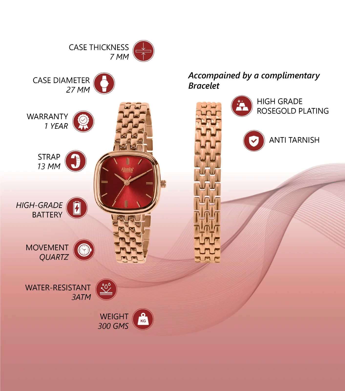 Starlé Maroon Dial Rose Gold-Tone Bracelet Set - Image 6