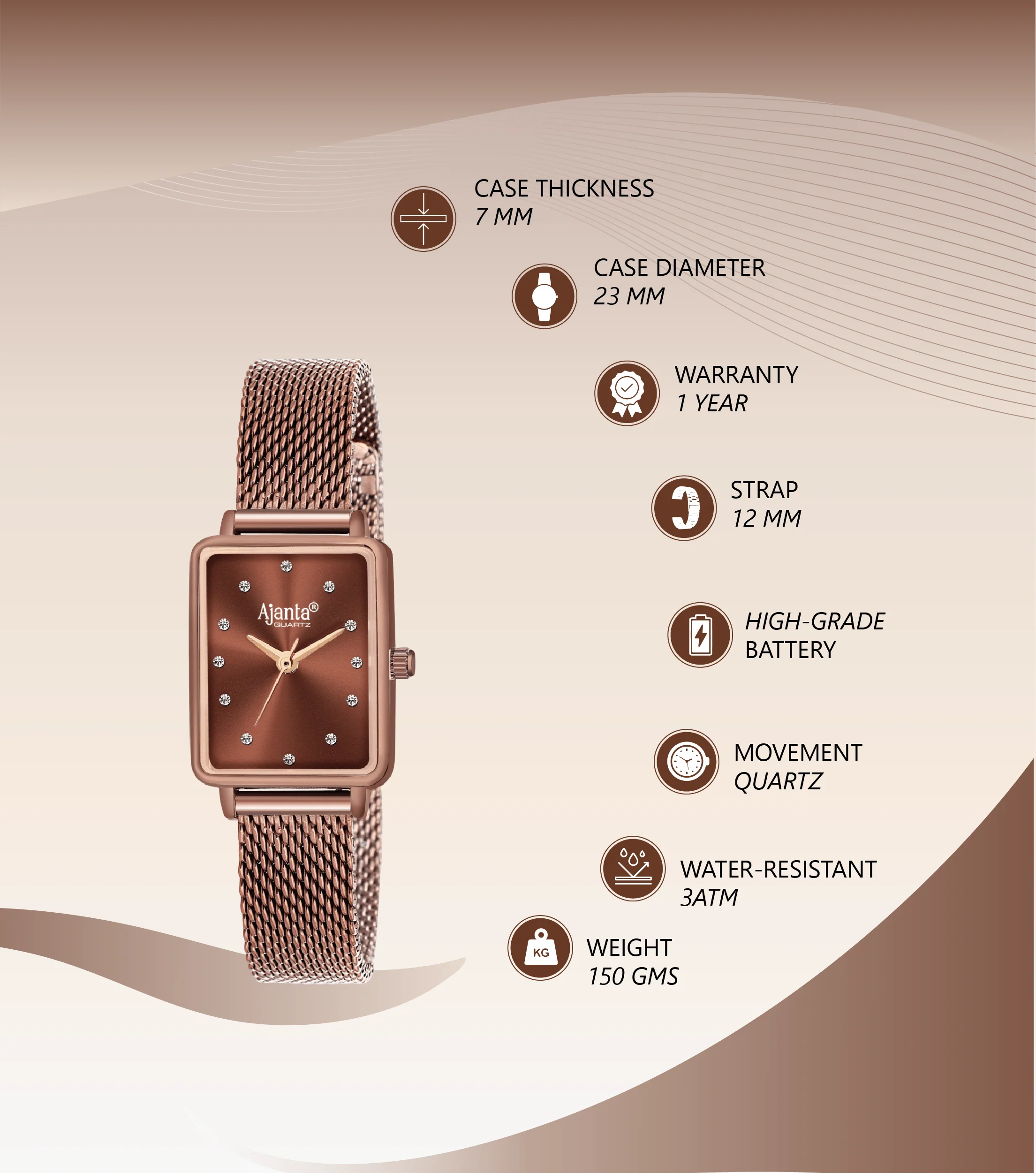 Chopard Brown Dial Brown & Rose Gold-Tone Mesh Bracelet - Image 4