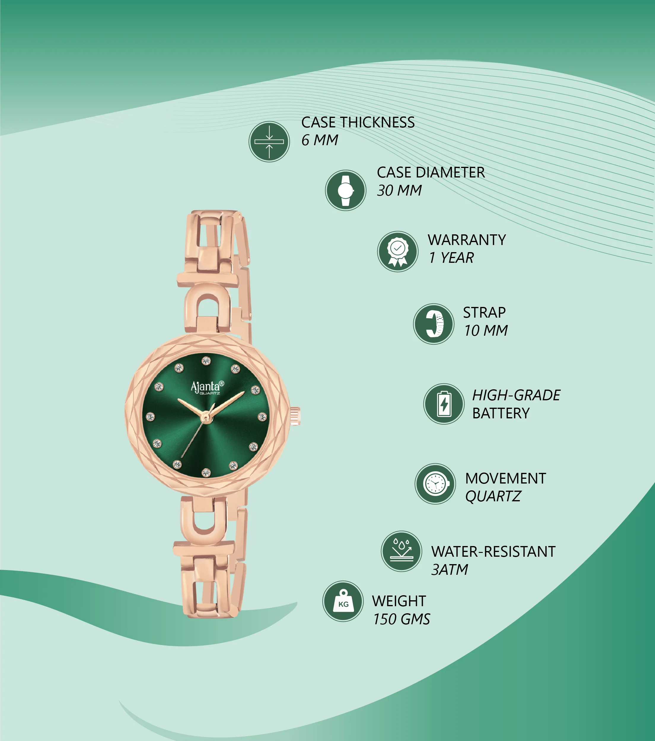 Eloria Green Dial Rose Gold-Tone Bracelet - Image 4