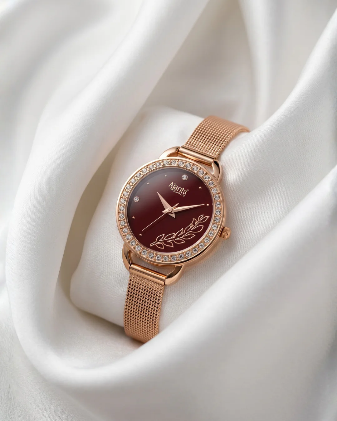 Diavella Maroon Dial Rose Gold-Tone Mesh Bracelet