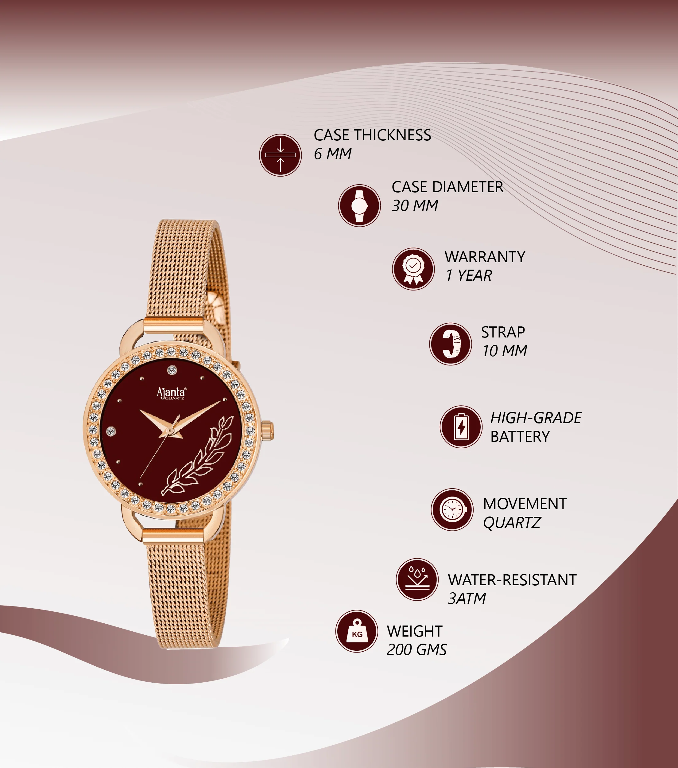 Diavella Maroon Dial Rose Gold-Tone Mesh Bracelet - Image 5