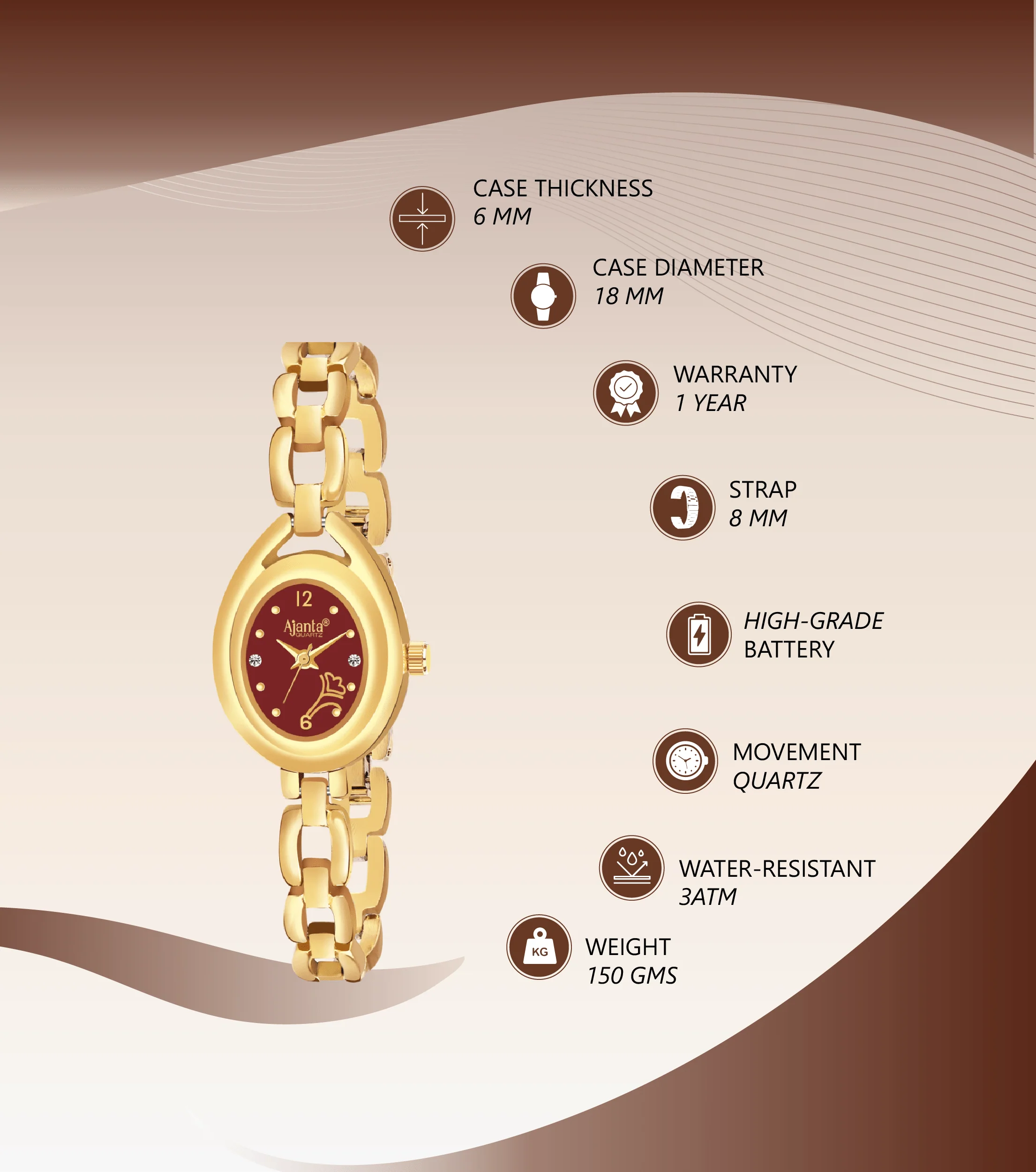 Vellora Maroon Dial Gold-Tone Bracelet - Image 4