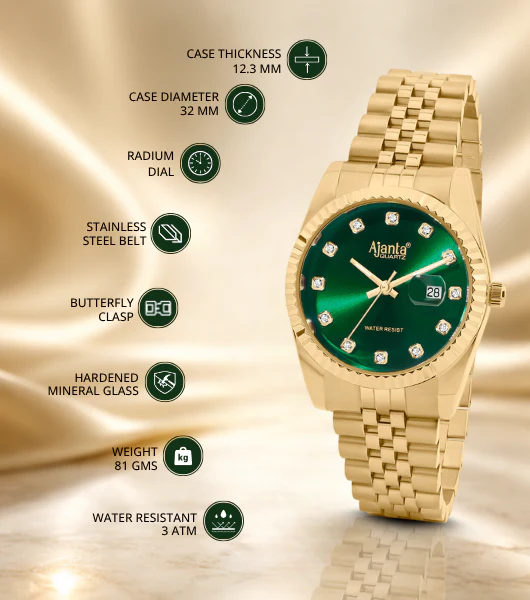 Avenza Gold Tone Green Dial Stainless Steel Day-Date Watch - Image 3