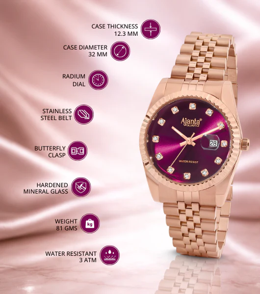 Avenza Rose gold Wine Purple Dial Stainless Steel Day-Date Watch - Image 3